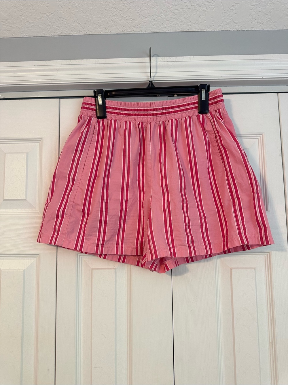 Women’s Pink Striped Elastic Waist Boxer Shorts., Large 100% Cotton